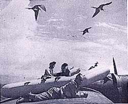 Crew of Navy Catalina Patrol Bomber relaxes on top of plane while awaiting rescue